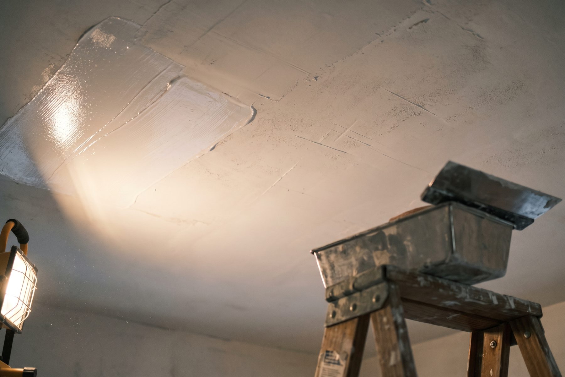 Ceiling being skim coated smooth with fresh joint compound under a work light Ceiling being skim coated smooth with fresh joint compound under a work light