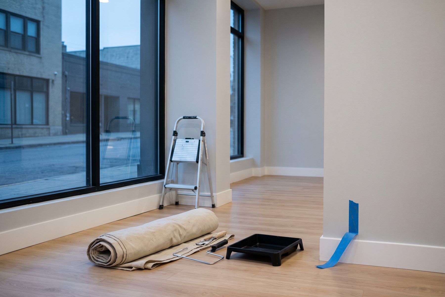 Retail space at dawn with a rolled drop cloth, step ladder, and paint tray, repaint finished Retail space at dawn with a rolled drop cloth, step ladder, and paint tray, repaint finished