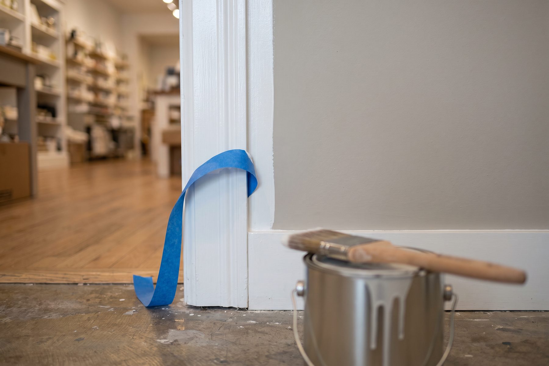 Blue painter’s tape peeled back from a door frame, showing the line between semi-gloss trim and eggshell wall Blue painter’s tape peeled back from a door frame, showing the line between semi-gloss trim and eggshell wall